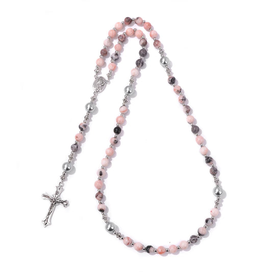 Luckacco Catholic Jesus Cross Bracelet Men Religious Prayer Rosary Bangle 50CM Natural African Turquoises Lava Gem Stone Bead Bracelet
