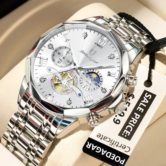 Luckacco POEDAGAR Luxury Men Watch Top Original Waterproof Luminous Chronograph Man Wristwatch Stainless Steel Quartz Men's Watches Reloj