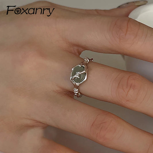 Luckacco Foxanry Minimalist Silver Color Stone Rings for Women Couples New Fashion Creative Design Geometric Birthday Party Jewelry Gifts