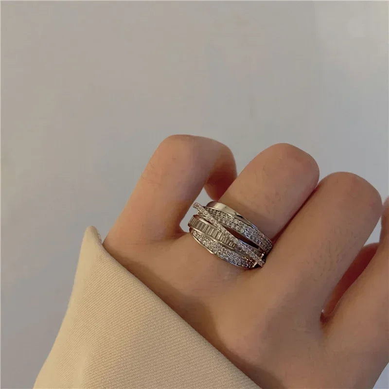 luckacco 2024 silver color rhinestone ring multi-layer winding rings for women wedding full zircon finger rings fashion jewelry gifts