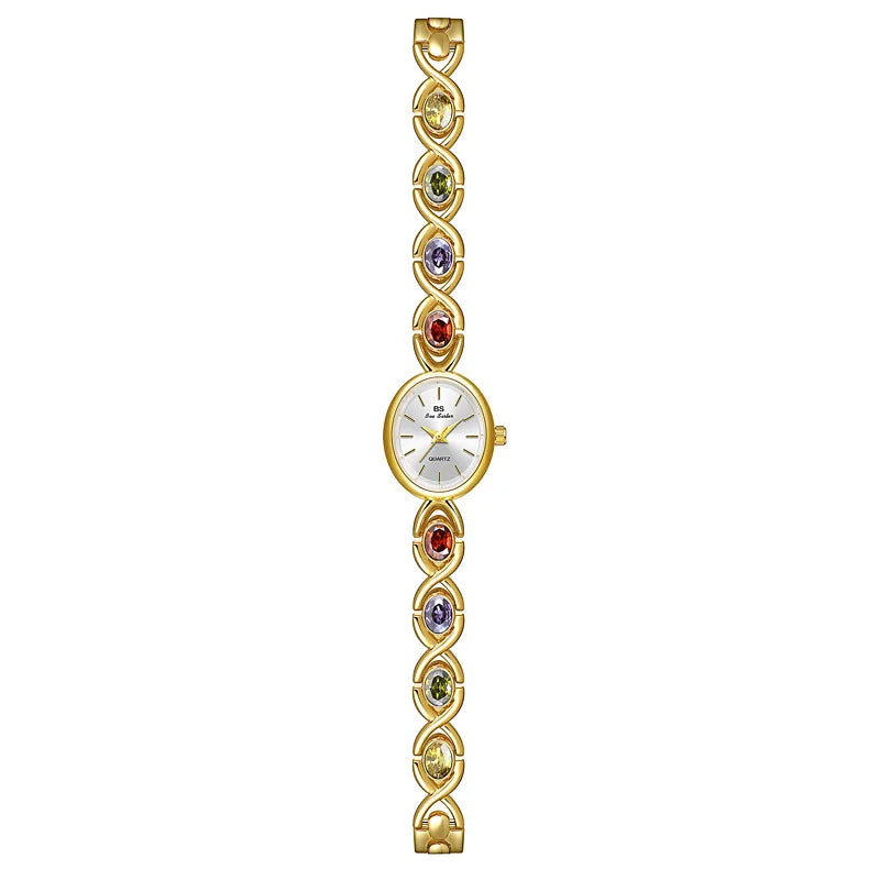 luckacco blue jewel oval bracelet watch luxury crystal quartz watches for woman vintage gold silver jade wristwatch gifts for women