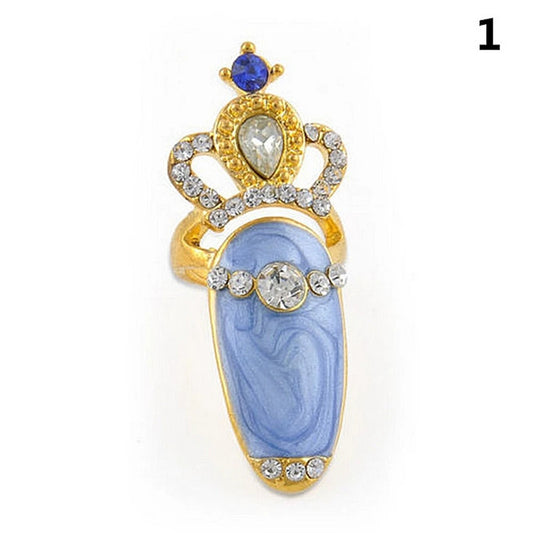 Luckacco Fashion Rhinestone Crown Flower Nail Ring Adjustable Opening Gold Plated Manicure Joint Ring for Women Party Jewelry