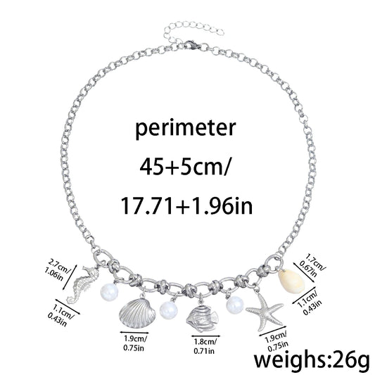 Luckacco Starfish Conch Imitation Pearl Women Stainless steel Necklace Sun and Moon Pendant  Summer Beach Vacation Y2K Fashion Jewelry