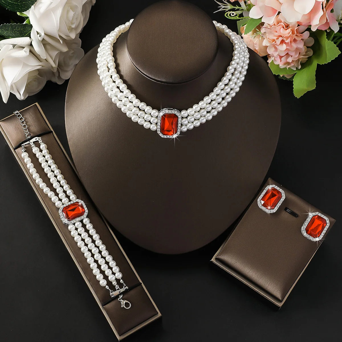 luckacco 4pc women's fashion light luxury short style imitation pearl turquoise necklace earrings bracelet jewelry set party festival gif