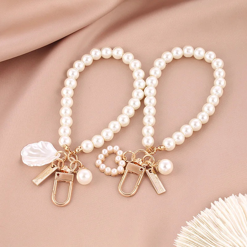 luckacco picks cute pearl keychain for women girls shiny pearl bead shell phone bag backpack charm accessory car key key chain pendant