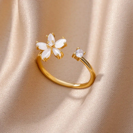 Luckacco Luxury Gemstone Flower Stainless Steel Rings Zircon Adjustable Ring Women Wedding Anti Fading Jewelry Vacation Accessories Gift