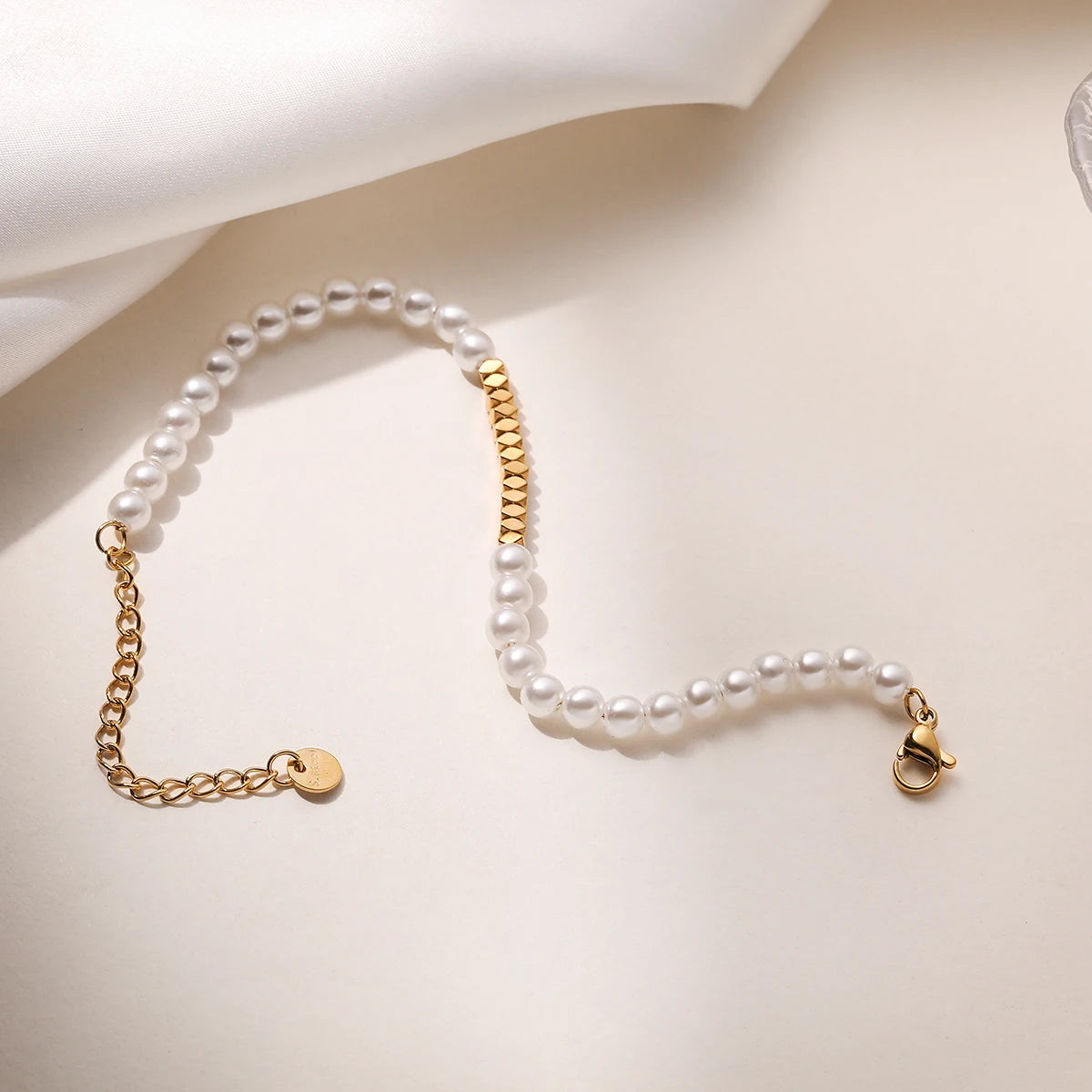 luckacco newbuy brand gold color stainless steel beads imitation pearl bracelet for elegant women non-fading jewelry