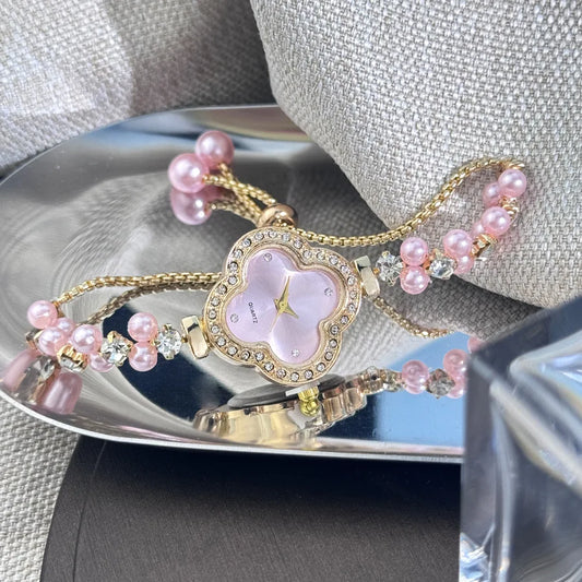 Luckacco Diamond Set Color Light Luxury Drawstring Watch Exquisite Small Pearl Clover Drawstring Style Quartz Women's Watch