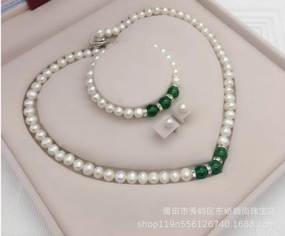 Luckacco 8-9mm Near Round White Natural Freshwater Pearl Necklace Red/Green Waterdrop Chalcedony Bracelet Earrings for Mother Jewelry Set