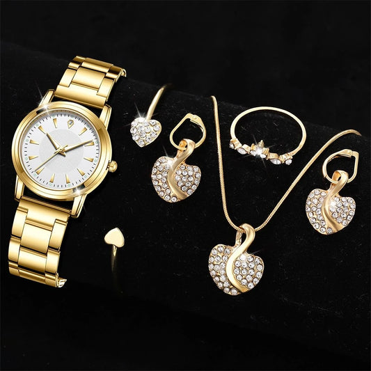 Luckacco Women's Quartz Watch Gold Luxury Women Ring Necklace Earring Rhinestone Fashion Wristwatch Casual Ladies Watches Jewelry Set ﻿