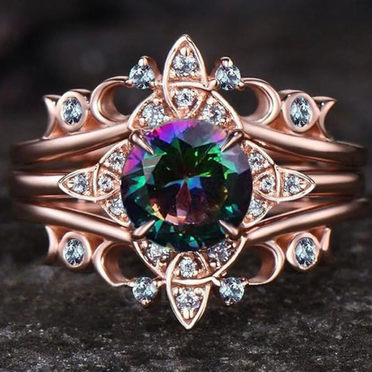 Luckacco Exquisite Rose Gold Color Round White Stone Flower Hollow Rainbow Color Stone Rings for Women Jewelry Anniversary Rings Set Gift