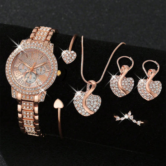 Luckacco Women's Quartz Watch Gold Luxury Women Ring Necklace Earring Rhinestone Fashion Wristwatch Casual Ladies Watches Jewelry Set ﻿