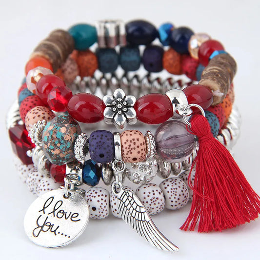 Luckacco elite Bohemian Multicolor Pink Crystal Beads Bracelets Women Girls Elastic Tassel Wing Letters Rope Bracelet Pulseira Feminina