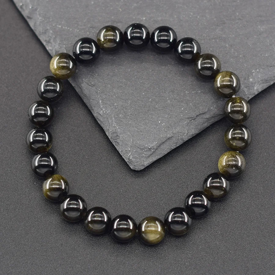 luckacco natural golden obsidian stone beads bracelet men women golden light rainbow obsidian tourmaline wealth money round jewelry gift