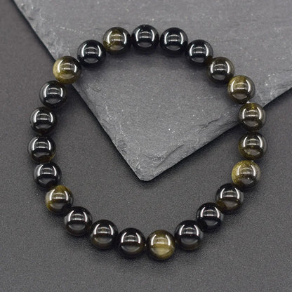 Luckacco Natural Golden Obsidian Stone Beads Bracelet Men Women Golden Light Rainbow Obsidian Tourmaline Wealth Money Round Jewelry Gift
