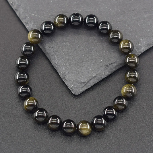 Luckacco Natural Golden Obsidian Stone Beads Bracelet Men Women Golden Light Rainbow Obsidian Tourmaline Wealth Money Round Jewelry Gift