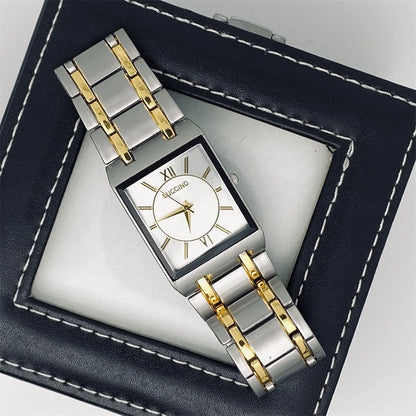 Luckacco Newest Men Watches Fashion Elegant Rectangle Dial Steel Clock Quartz Watch Men's Silver Gold Plated Wristwatch Masculino Relogio