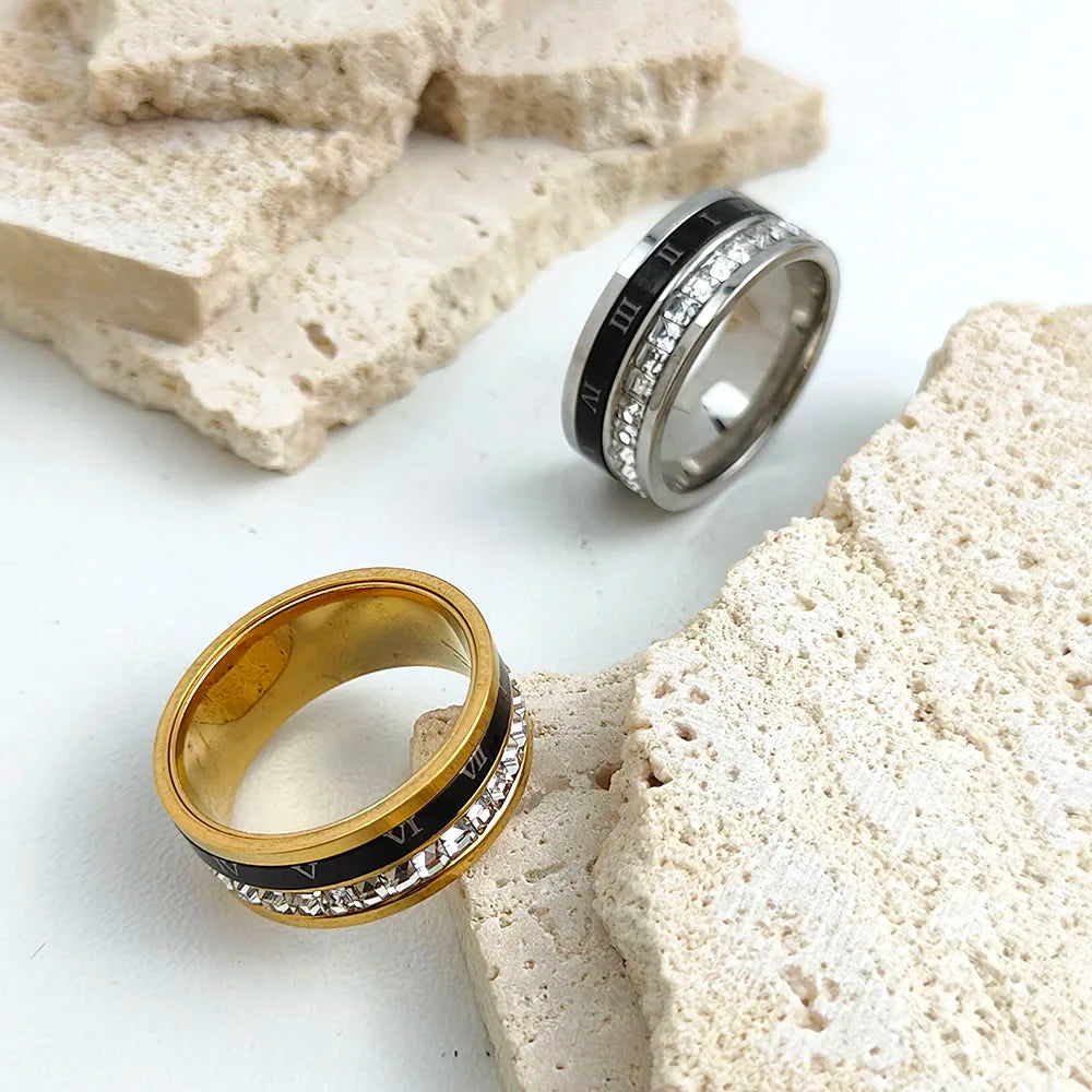luckacco stylish and charming stainless steel gold-plated men's ring, simple roman numeral zircon women's ring, wedding party jewelry