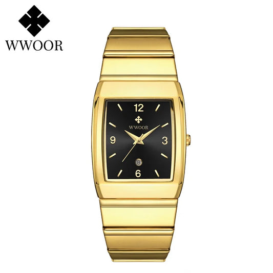Luckacco Relogio Masculino WWOOR New Man's Square Watch For Men with Automatic Date Luxury Stainless Steel Gold Mens Quartz Wrist Watches