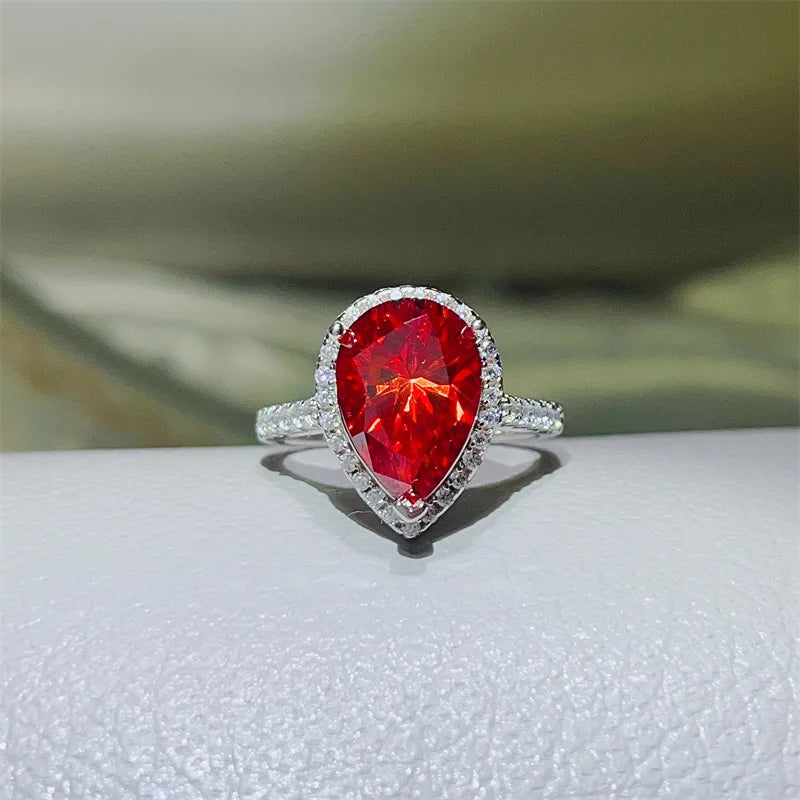 luckacco luxury pear cut 5ct red moissanite diamond ring 925 sterling silver party wedding band rings for women bridal engagement jewelry