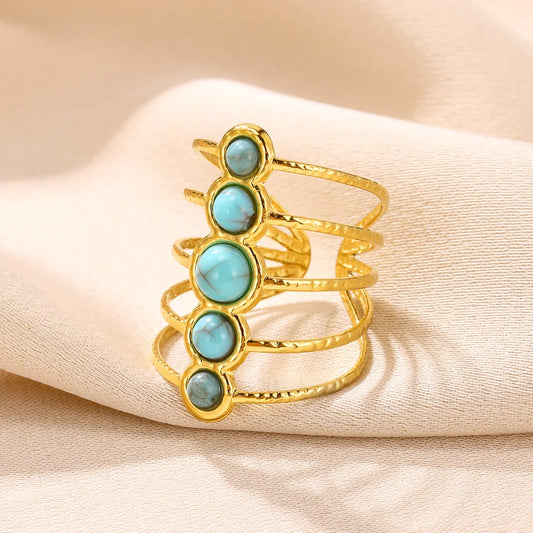 Luckacco Vintage Turquoise Wide Ring for Women Gold Color Stainless Steel Wheat Ear Adjustable Open Ring Fashion Party Jewelry Gift