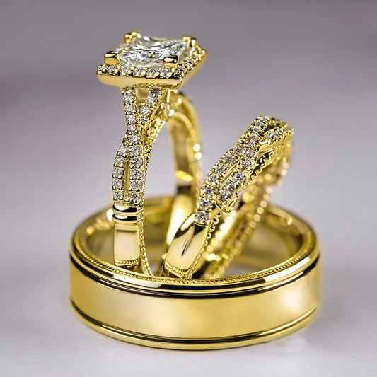 Luckacco 14K Gold Vintage 3-in-1 Promise Ring Set Lab Diamond Engagement Wedding Band Rings for Women Men Party Jewelry