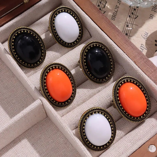 Luckacco Vintage Orange Color Black White Oval Resin Metal Rings for Women Girl Autumn Winter Elegant Jewelry Gift HUANZHI 2023 NEW