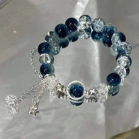 Luckacco Niche Design Star Chain Tassel Bracelet for Women Fantasy Blue Crystal Beads Elastic Rope Bracelet Best Friend Jewelry Gifts