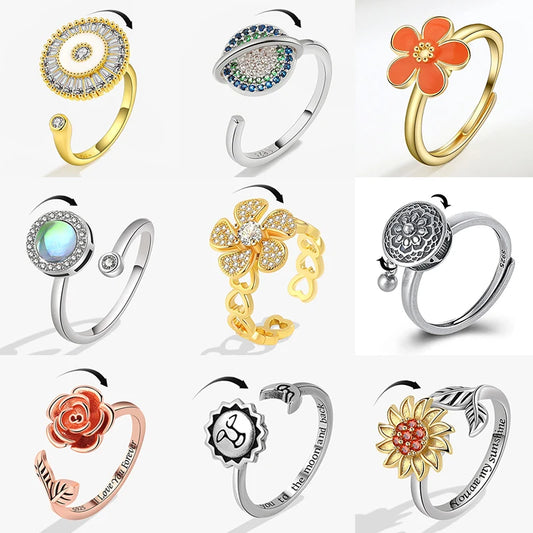 Luckacco Ethnic Mandala Flower Finger Rings for Women Girls Rotating Rose Sun Planet Anxiety Knuckle Ring Anti Stress Jewelry