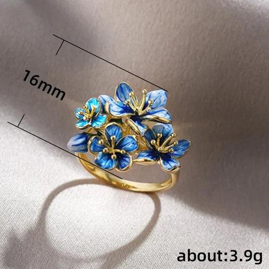 Luckacco Vintage Blue Enamel Flower with Cubic Zirconia Ring for Women Elegant Fashion Temperament Jewellery Holiday Delicate Gifts