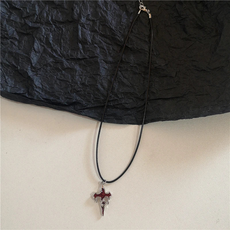 luckacco gothic vintage y2k red glass heart star cross pendant pearl bead necklace for women men aesthetic 90s grunge accessories jewelry