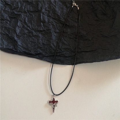 Luckacco Gothic Vintage Y2K Red Glass Heart Star Cross Pendant Pearl Bead Necklace For Women Men Aesthetic 90s Grunge Accessories Jewelry