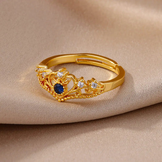 Luckacco Blue Zircon Crown Rings For Women Stainless Steel Adjustable Crown Ring 2023 Trend Design Female Wedding Jewerly