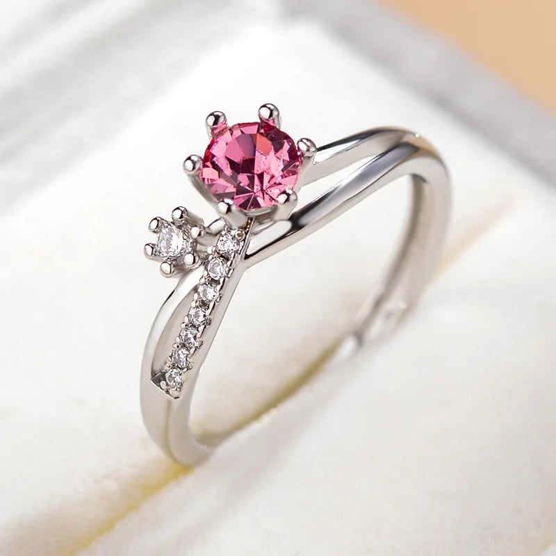 luckacco minimalist rose red blue stone small round rings for women silver color stacking thin finger wedding bands adjustable jewelry cz