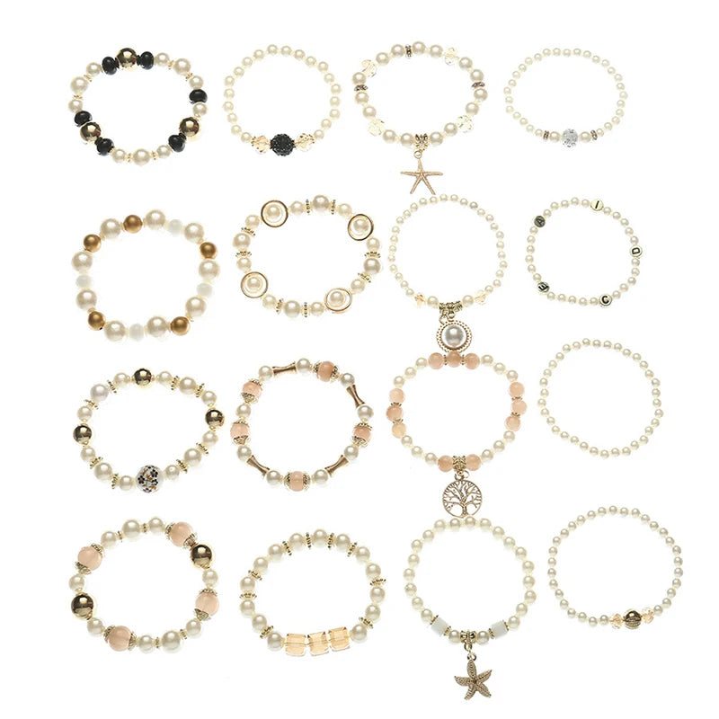 luckacco imitation pearl stretch bead bracelets set for women metal adjustable elastic charms vintage strand girls' fashion jewelry c1306