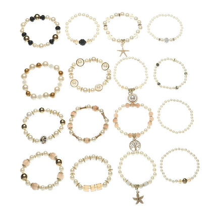 Luckacco Imitation Pearl Stretch Bead Bracelets Set For Women Metal Adjustable Elastic Charms Vintage Strand Girls' Fashion Jewelry C1306