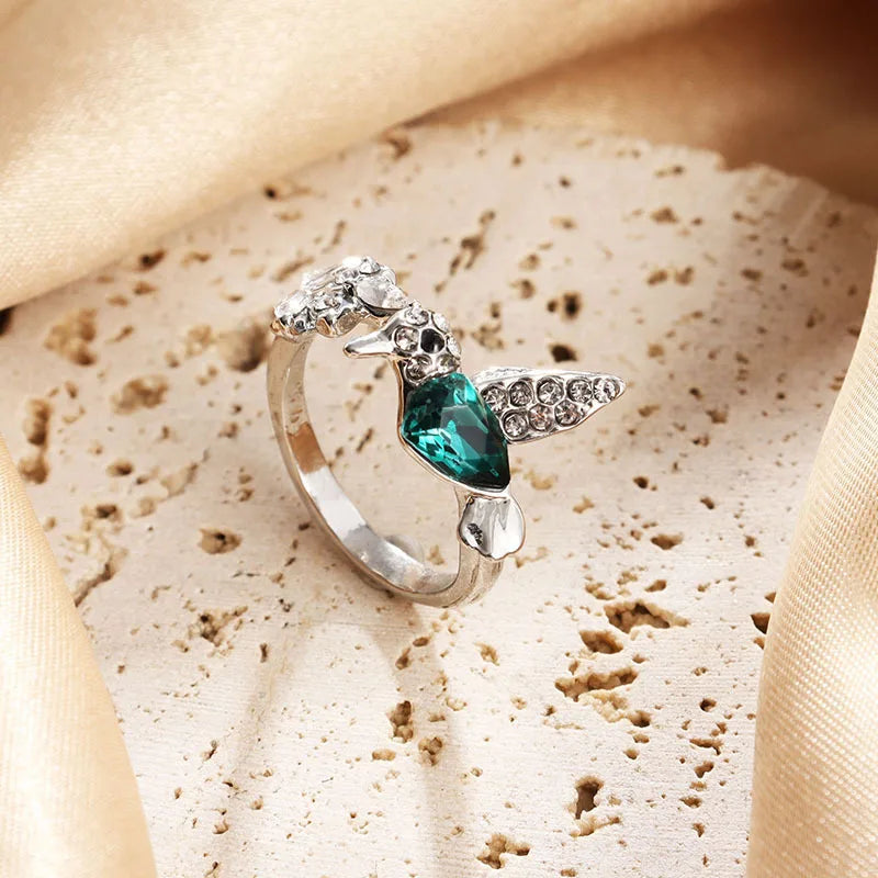 luckacco elegant natural blue stone adjustable hummingbird rings for women glass filled rings female engagement wedding party jewelry