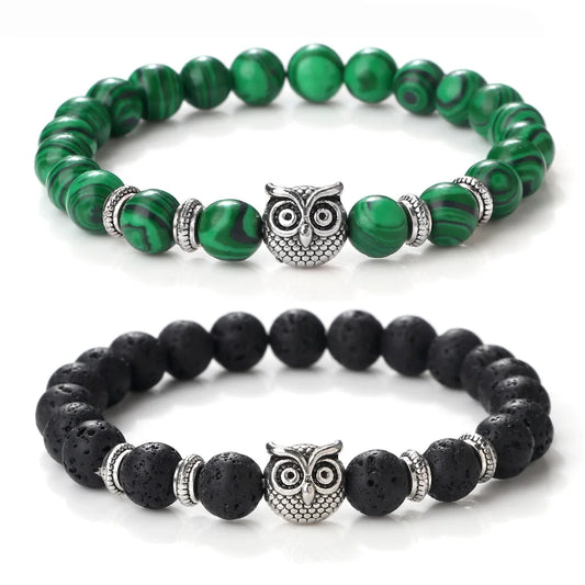 Luckacco Vintage Owl Charm Bracelets & Bangles For Men Women Natural Lava Stone Malachite Beads Couple Bracelets Friendship Jewelry Gifts