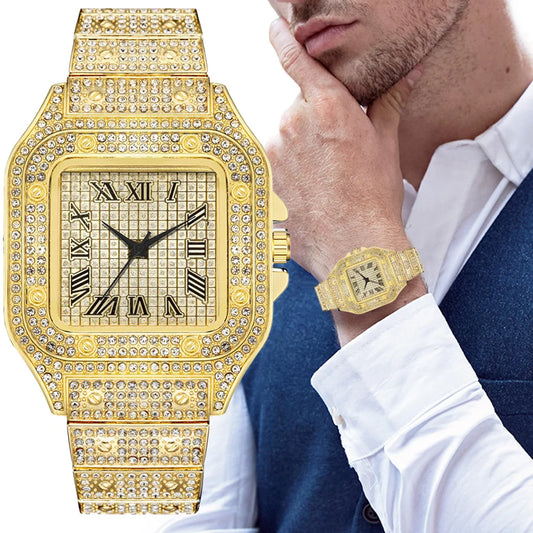 Luckacco Luxury Classic Business Men's Steel Strap Square Roman Scale Rhinestone Quartz Watch Fashion Male Wristwatch Relogio Masculino