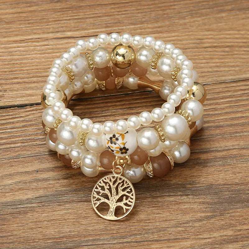 luckacco imitation pearl stretch bead bracelets set for women metal adjustable elastic charms vintage strand girls' fashion jewelry c1306