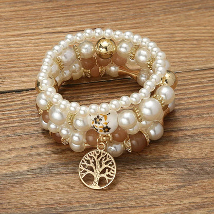 Luckacco Imitation Pearl Stretch Bead Bracelets Set For Women Metal Adjustable Elastic Charms Vintage Strand Girls' Fashion Jewelry C1306