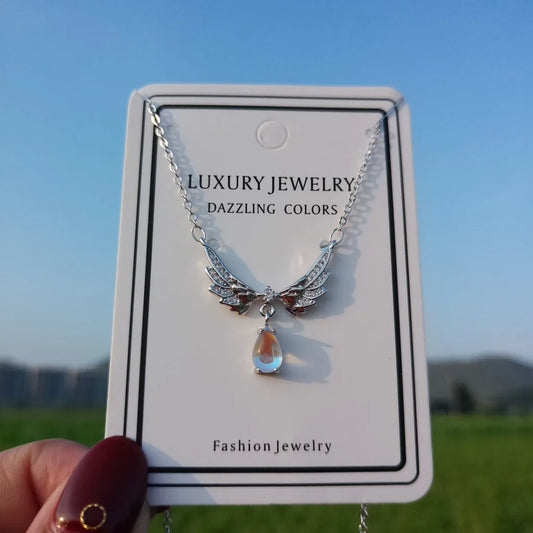 Luckacco 925 Sterling Silver Jewelry Wing Water Drop Crystal Chain Necklaces With Pendant For Women Elegant Accessories