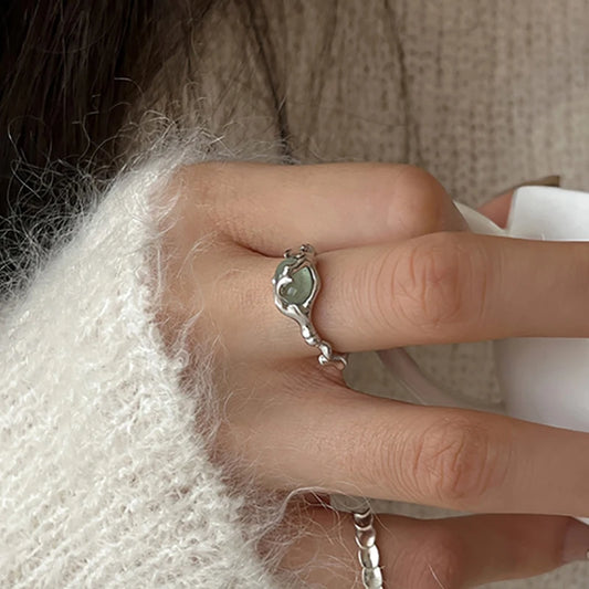Luckacco Foxanry Minimalist Silver Color Stone Rings for Women Couples New Fashion Creative Design Geometric Birthday Party Jewelry Gifts