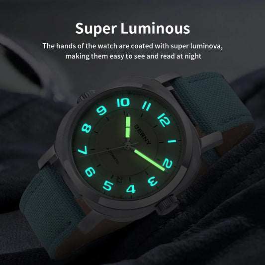 Luckacco BERNY Mechanical Watch for Women Self-wind Pillow Cushion Sapphire Super Luminous Wristwatch Canvas Calendar Watch for Ladies
