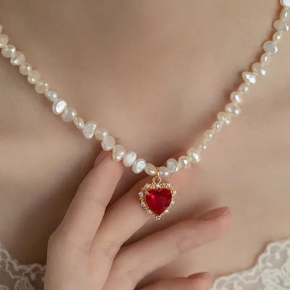 Luckacco Hot Sale Irregular Freshwater Pearl Red CZ Zircon Heart Pendant Necklaces for Women 14K Real Gold Plated Copper Choker