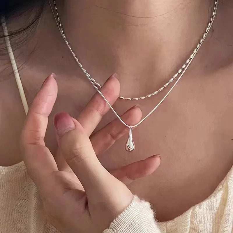 luckacco 925 sterling silver simple design drop pendant necklace for women double collar chain fashion fine jewelry gifts