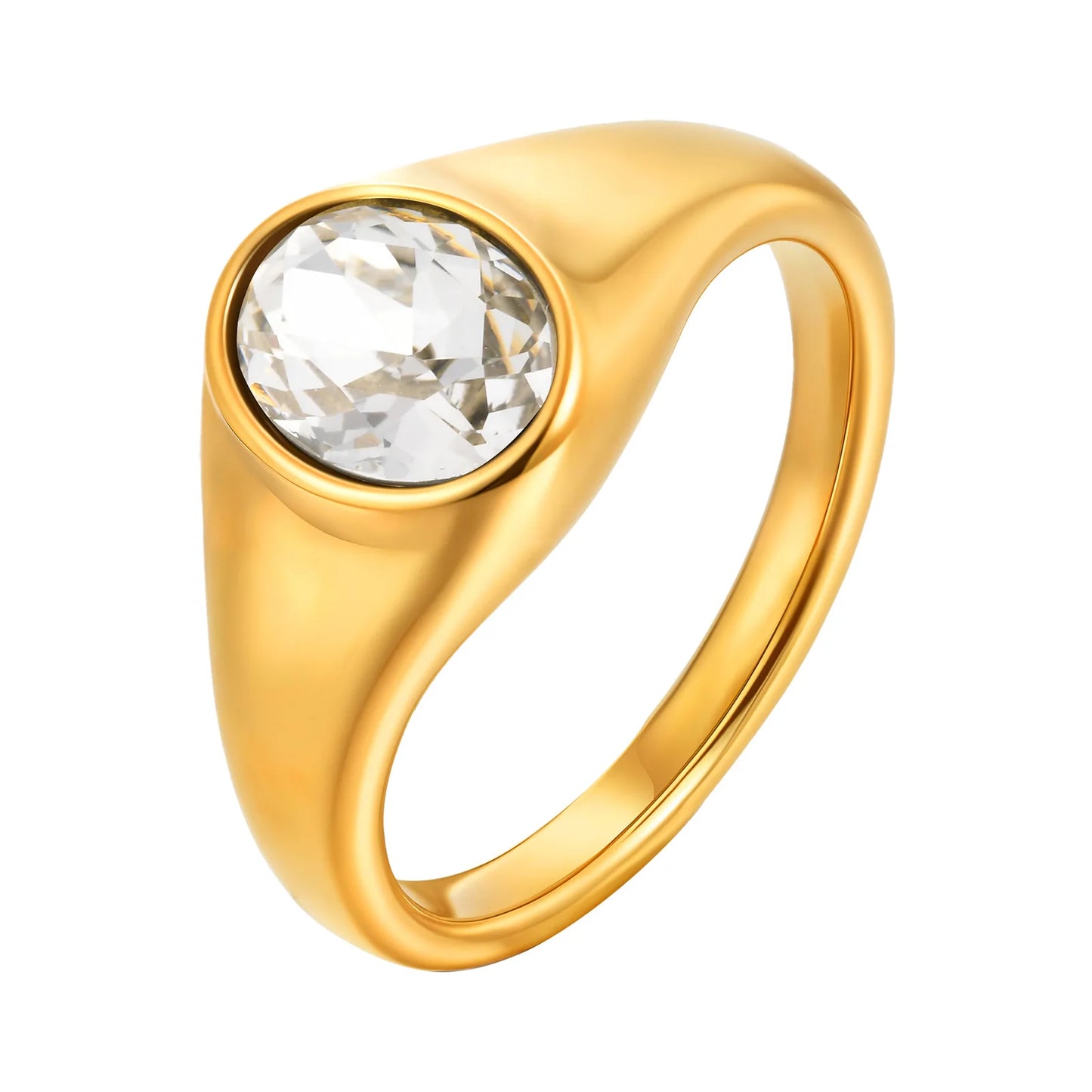 luckacco colorful zircon seal ring for women, 316l stainless steel green black blue red white cz rings, gold plated engagement jewelry