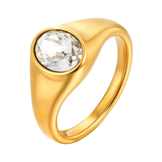 Luckacco Colorful Zircon Seal Ring For Women, 316L Stainless Steel Green Black Blue Red White CZ Rings, Gold Plated Engagement Jewelry