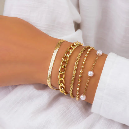 Luckacco 4pcs Set Imitation Pearl Chain Beaded Bracelet for Women New Temperament Gold Color Stainless Steel Bangle Jewelry Accessories