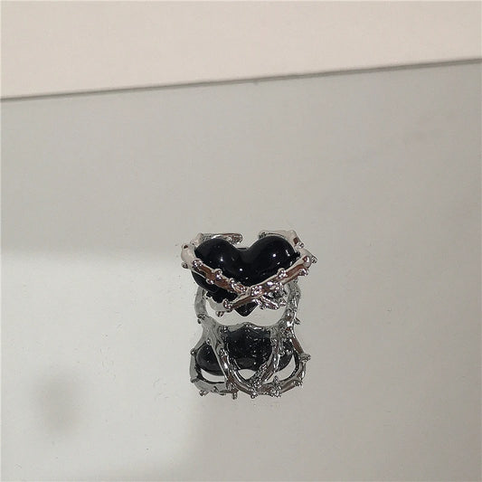 Luckacco Punk Harajuku Goth Thorns Black Silver Color Irregular Heart Cross Open Ring For Women Men Lover Vintage 90s Y2K Grunge Jewely